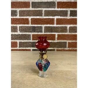 Vintage Multi Colored Mini Oil Lamp W/ Hand Blown Glass Red Chimney  4.5" Tall